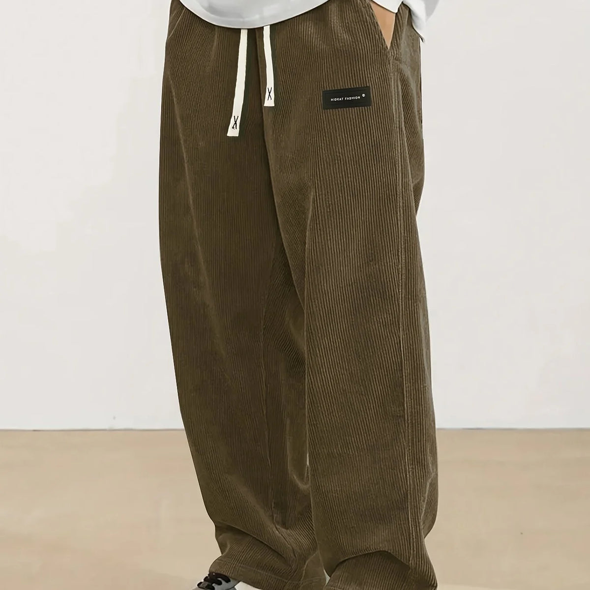Men's fern green relaxed Wide-Leg Corduroy Pants with Drawstring Waist