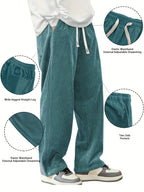 Men's ink black relaxed Wide-Leg Corduroy Pants with Drawstring Waist