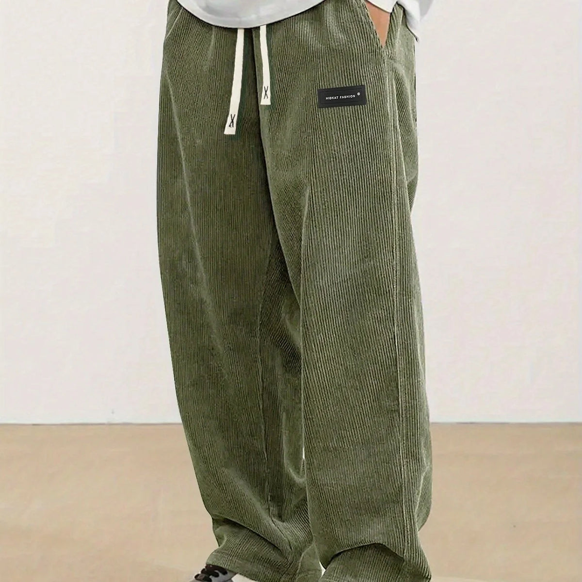 Men's fern green relaxed Wide-Leg Corduroy Pants with Drawstring Waist