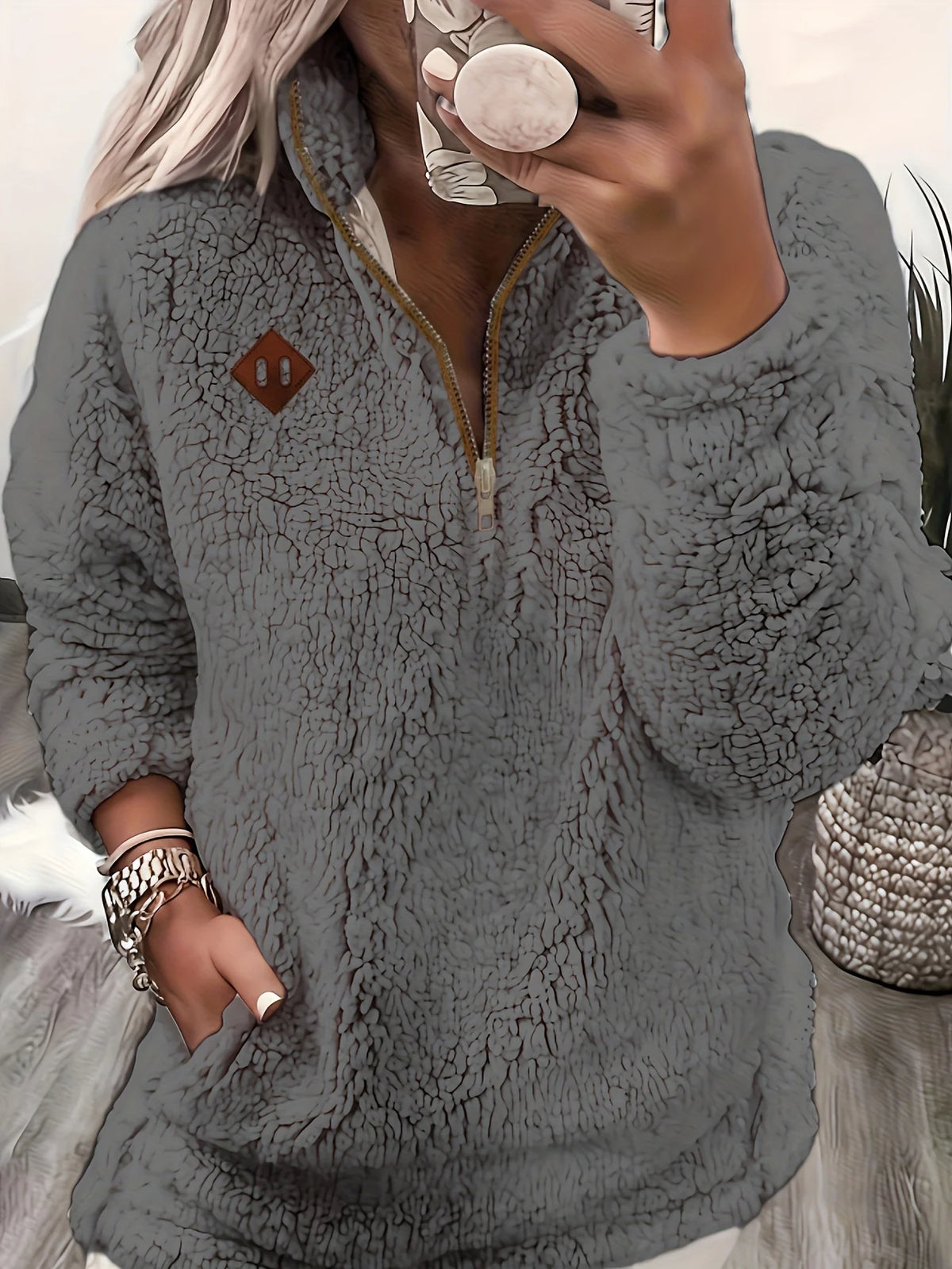 Women's gray sherpa half-zip pullover with stand collar