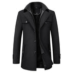 Men's black tailored wool blend winter coat with double collar