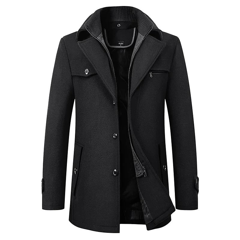 Men's black tailored wool blend winter coat with double collar