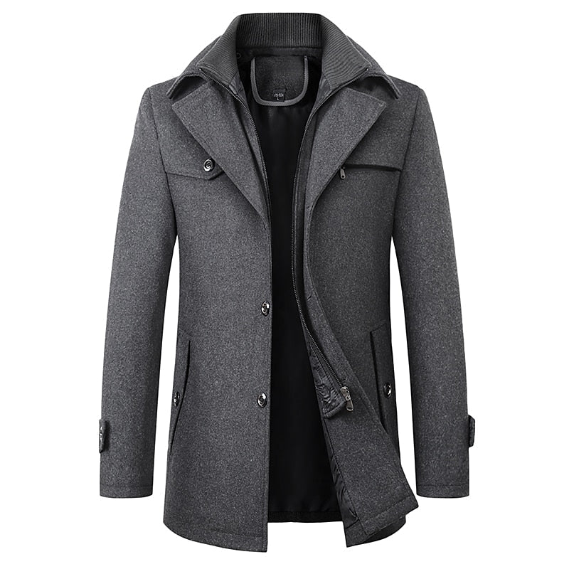 Men's charcoal gray tailored wool blend winter coat with double collar
