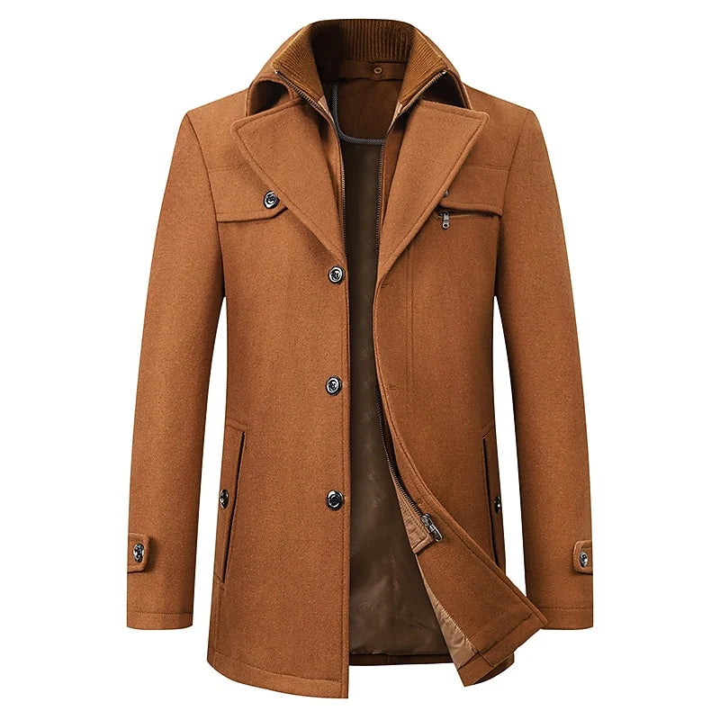 Men's brown tailored wool blend winter coat with double collar