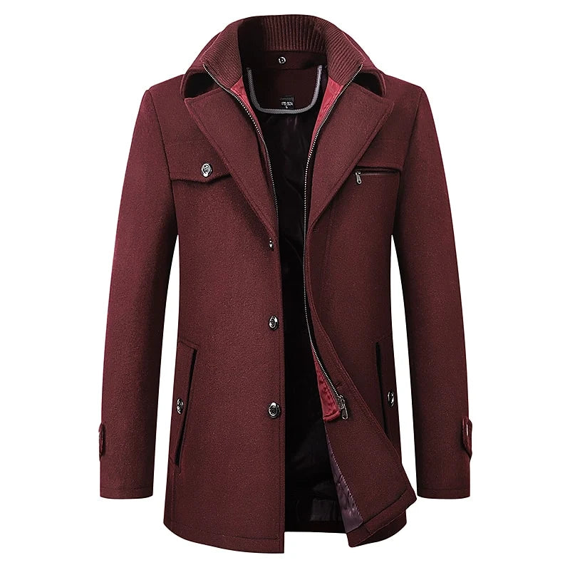 Men's wine tailored wool blend winter coat with double collar