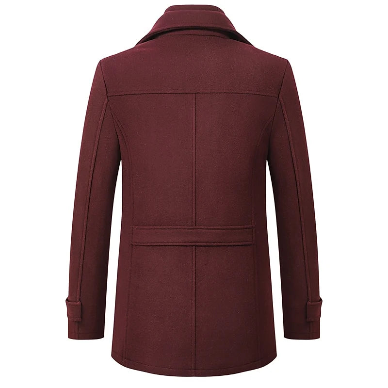 Men's wine tailored wool blend winter coat with double collar