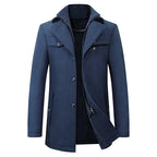 Men's navy blue tailored wool blend winter coat with double collar