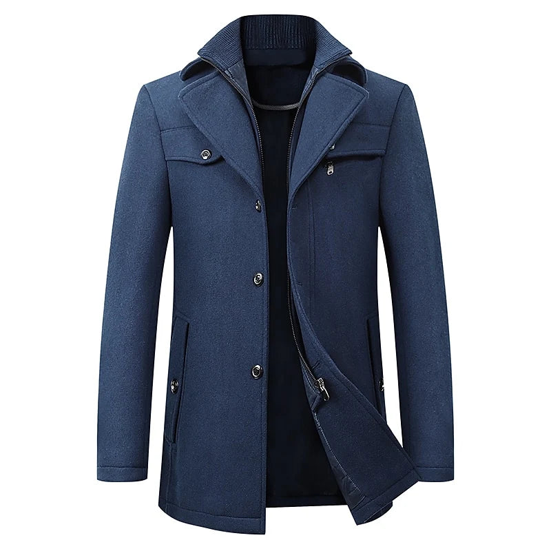 Men's navy blue tailored wool blend winter coat with double collar
