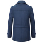 Men's navy blue tailored wool blend winter coat with double collar