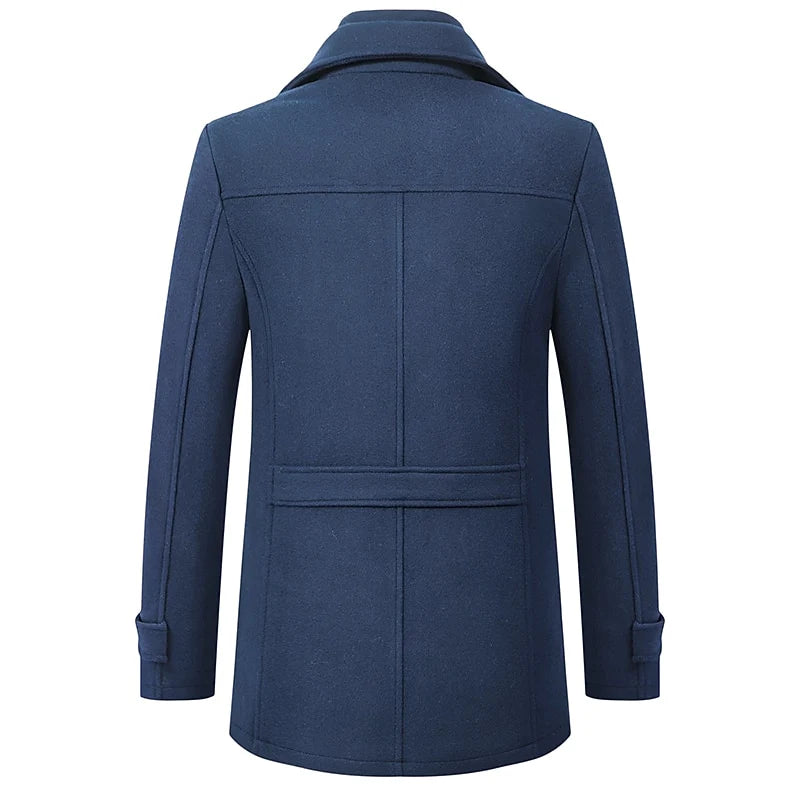 Men's navy blue tailored wool blend winter coat with double collar