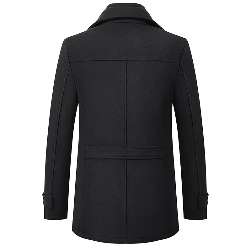 Men's black tailored wool blend winter coat with double collar