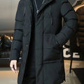 Men's black hooded Longline Padded Coat with Zip Pockets for Winter