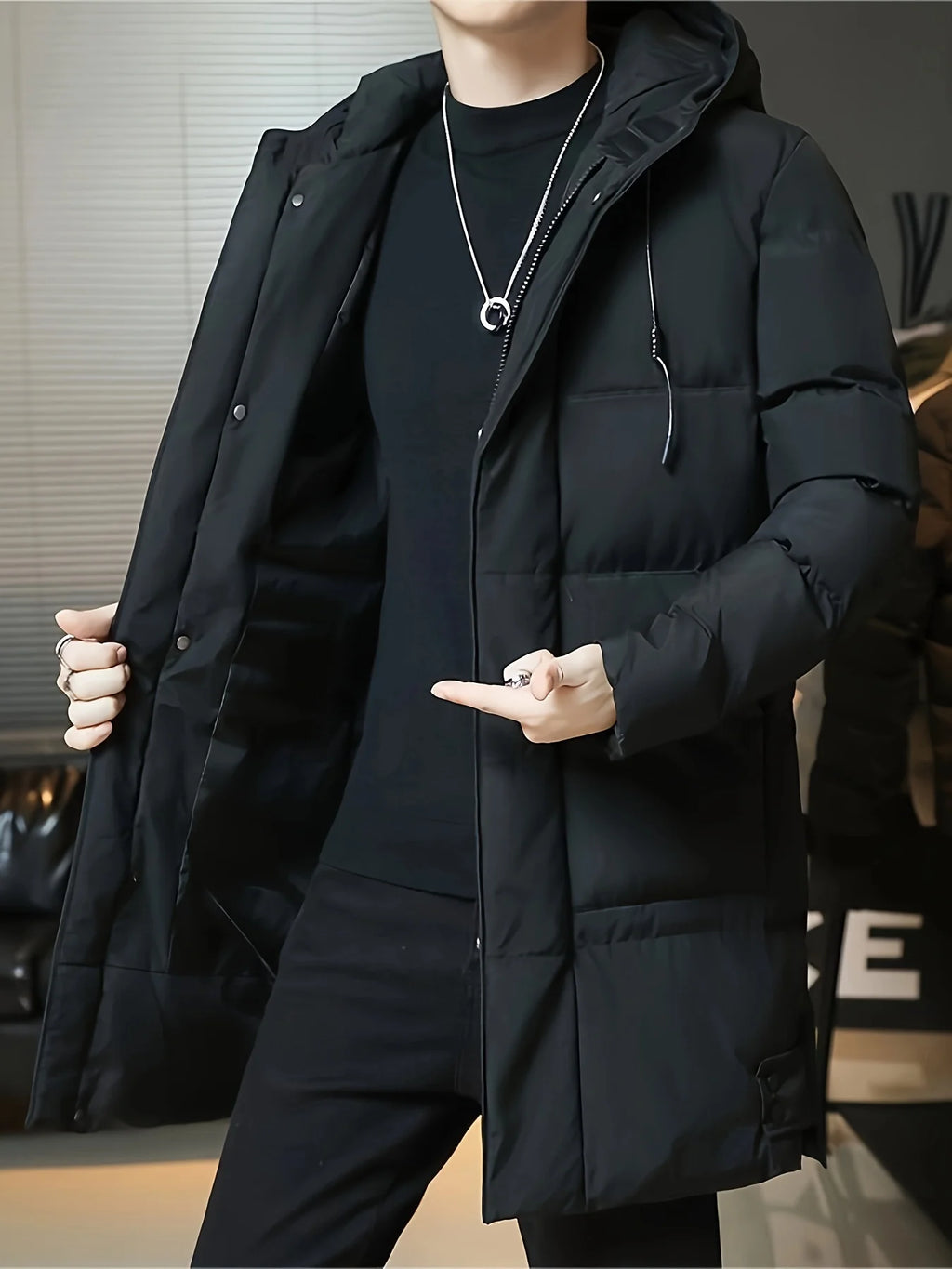 Men's black hooded Longline Padded Coat with Zip Pockets for Winter