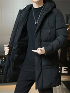 Men's black hooded Longline Padded Coat with Zip Pockets for Winter