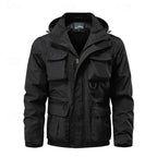 Men's black hooded field jacket with utility pockets