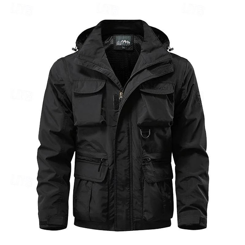 Men's black hooded field jacket with utility pockets