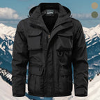 Men's black hooded utility jacket, front view lifestyle