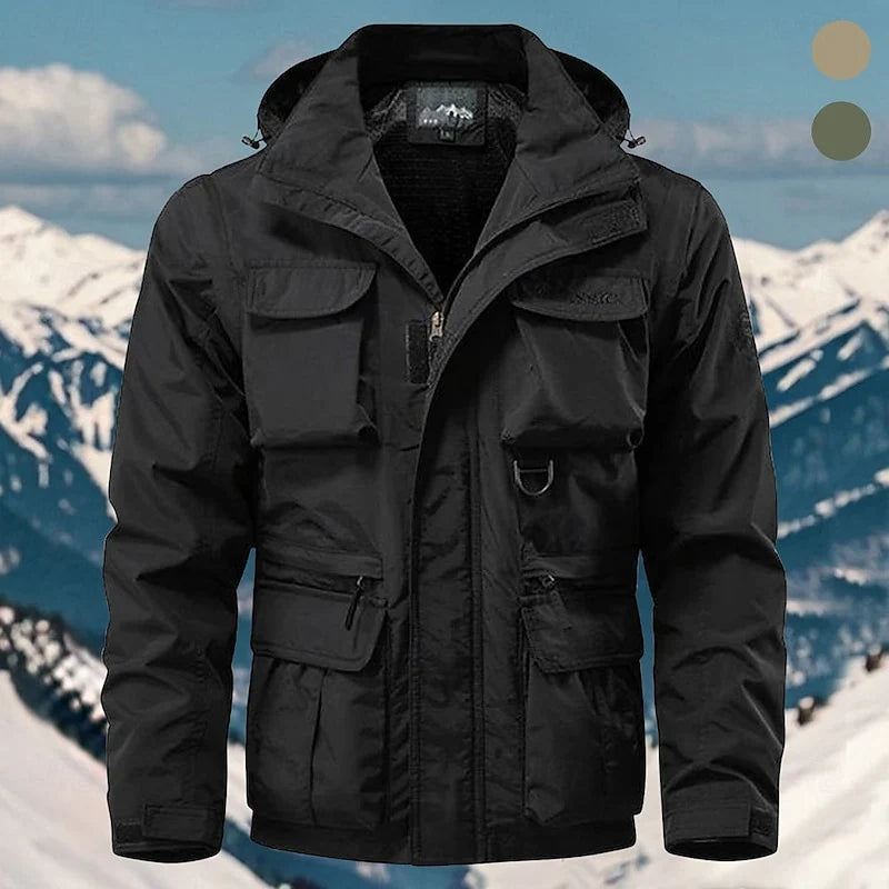 Men's black hooded utility jacket, front view lifestyle
