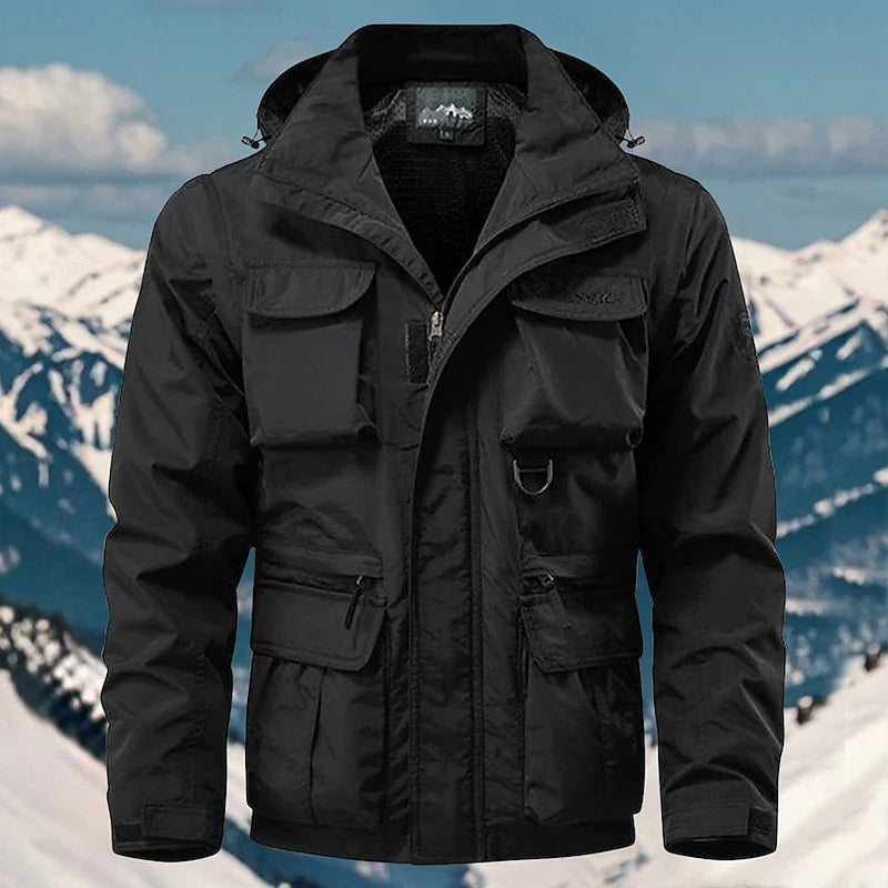 Men's black field jacket with adjustable hood
