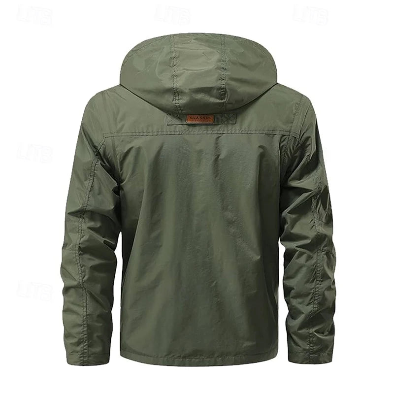 Men's army green hooded field jacket, back view