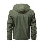 Men's army green hooded field jacket, back view