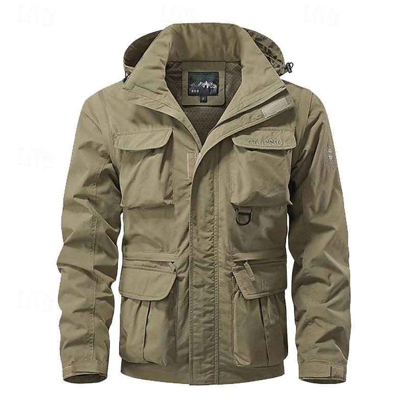 Men's khaki hooded utility field jacket, front view