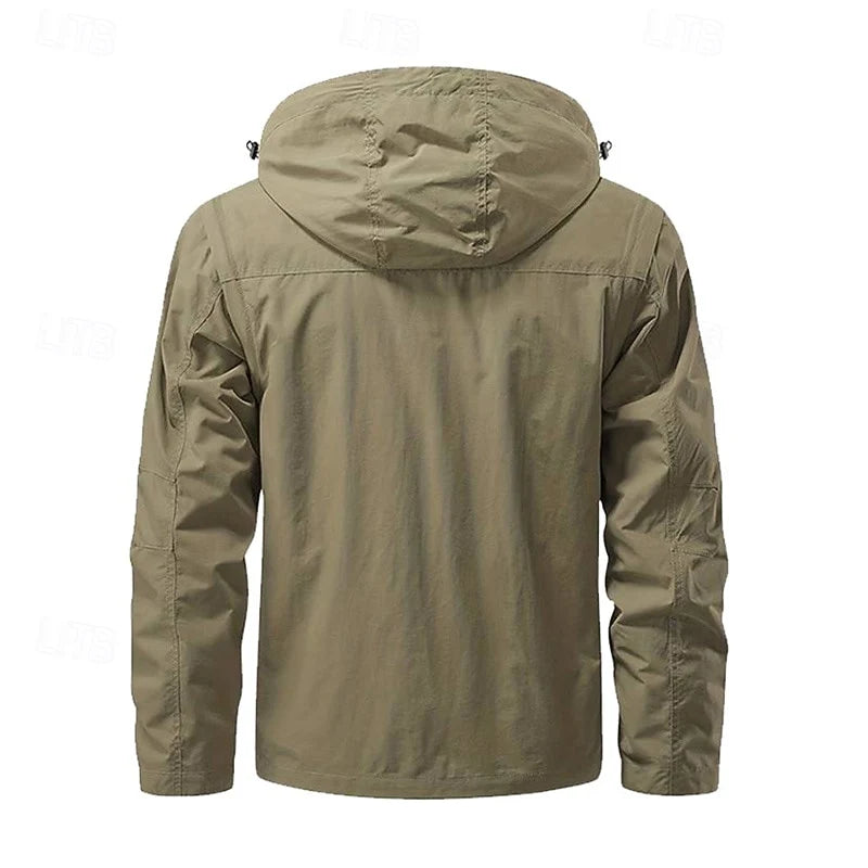 Men's khaki field jacket with cargo pockets, back view