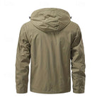 Men's khaki field jacket with cargo pockets, back view
