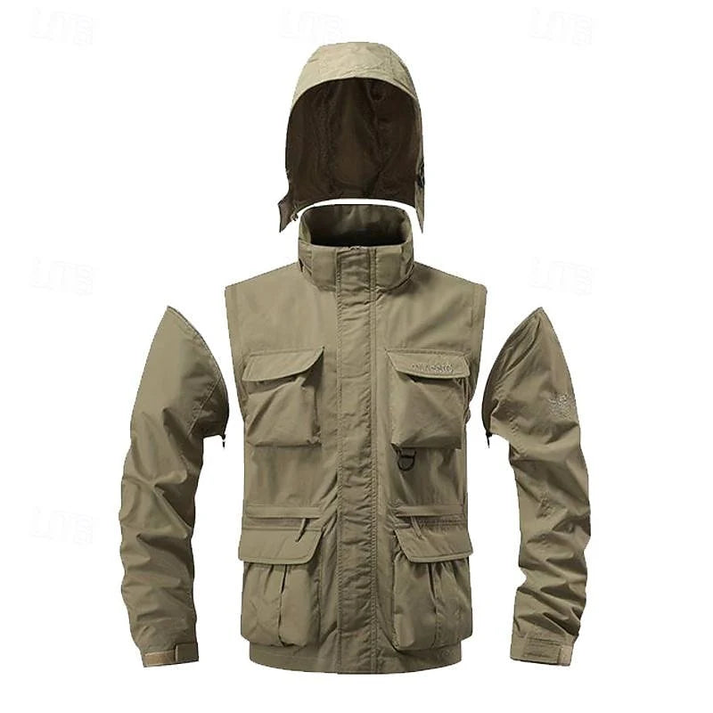 Men's khaki hooded field jacket, detachable hood detail
