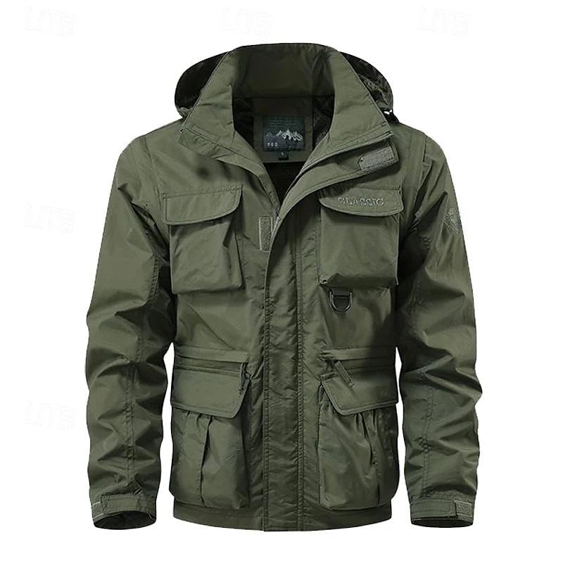 Men's army green hooded utility jacket with pockets