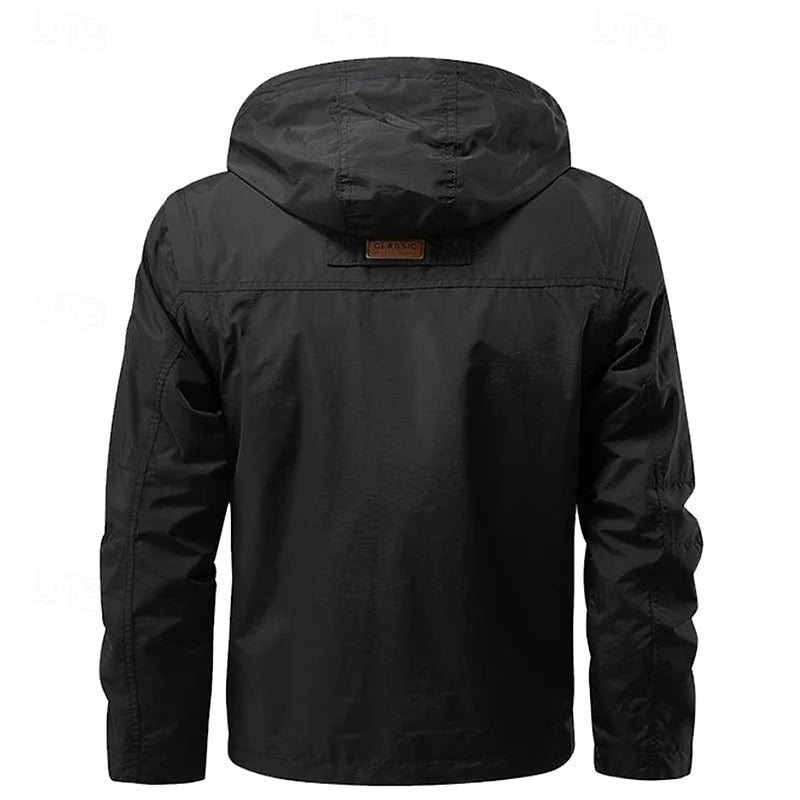 Men's black hooded field jacket, back view
