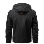 Men's black hooded field jacket, back view