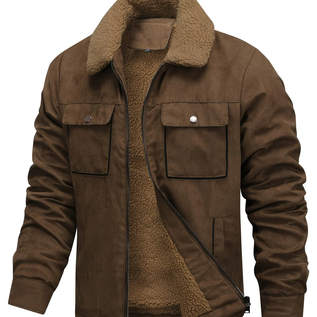 Men's coffee brown sherpa-lined faux suede trucker jacket, open front view