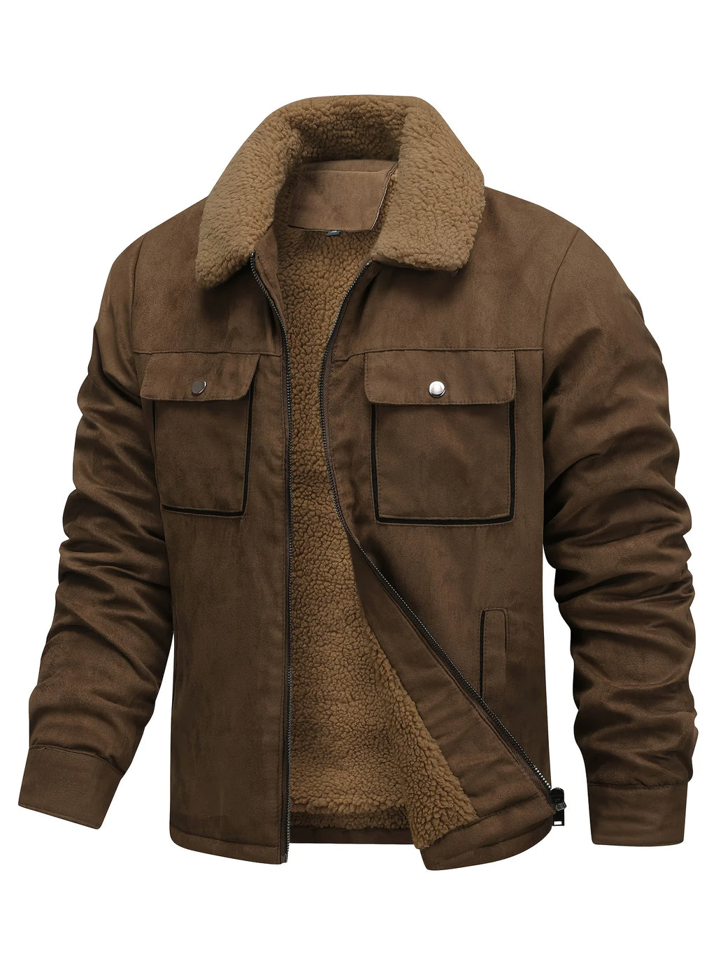Men's coffee brown sherpa-lined faux suede trucker jacket, open front view