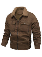 Men's coffee brown sherpa-lined faux suede trucker jacket, front view