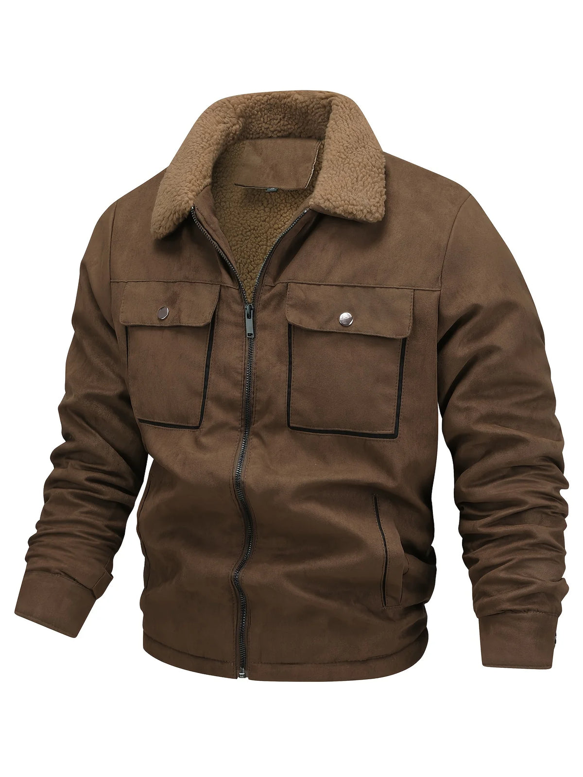 Men's coffee brown sherpa-lined faux suede trucker jacket, front view