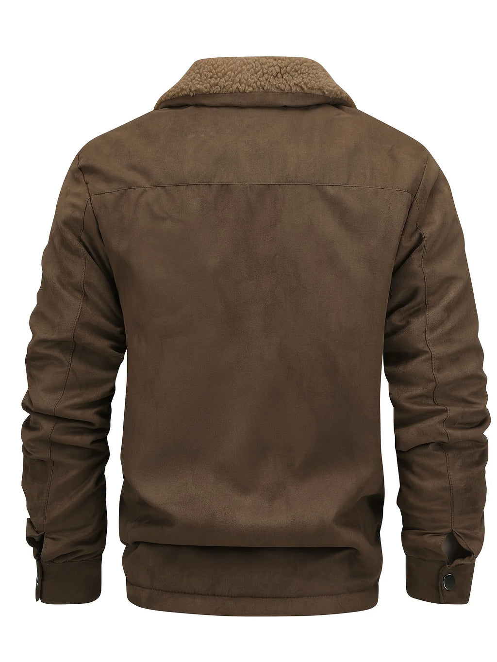 Men's coffee brown sherpa-lined faux suede trucker jacket, back view