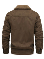 Men's coffee brown sherpa-lined faux suede trucker jacket, back view