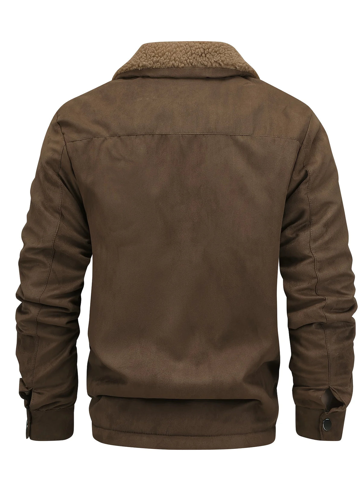 Men's coffee brown sherpa-lined faux suede trucker jacket, back view
