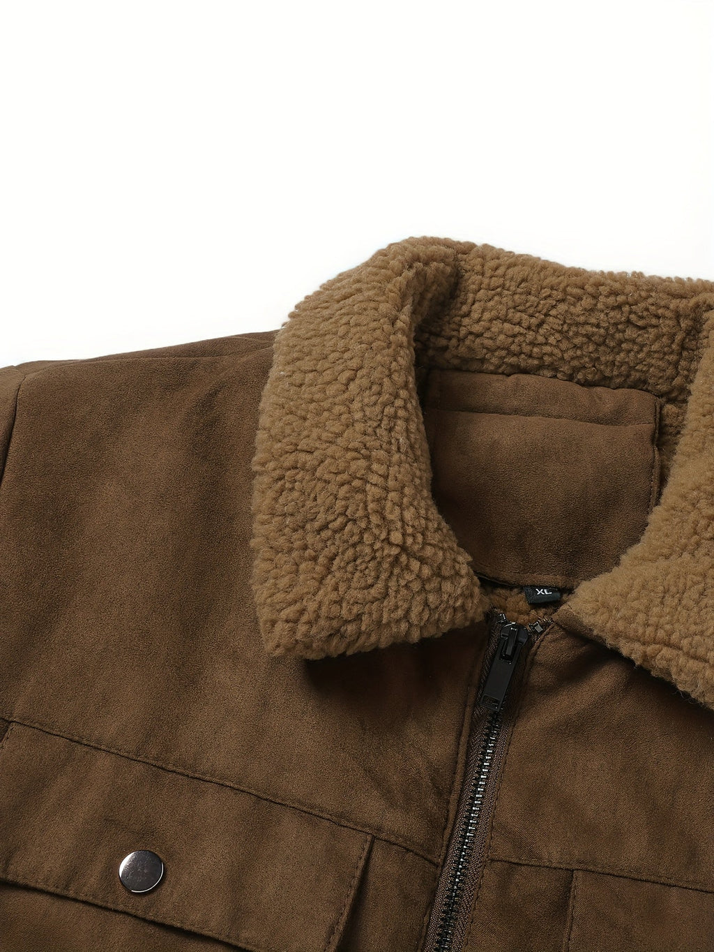 Men's coffee brown sherpa-lined faux suede trucker jacket, collar and pocket detail