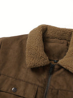 Men's coffee brown sherpa-lined faux suede trucker jacket, collar and pocket detail