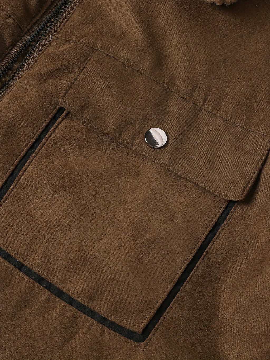 Men's coffee brown sherpa-lined faux suede trucker jacket, chest pocket detail