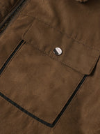 Men's coffee brown sherpa-lined faux suede trucker jacket, chest pocket detail