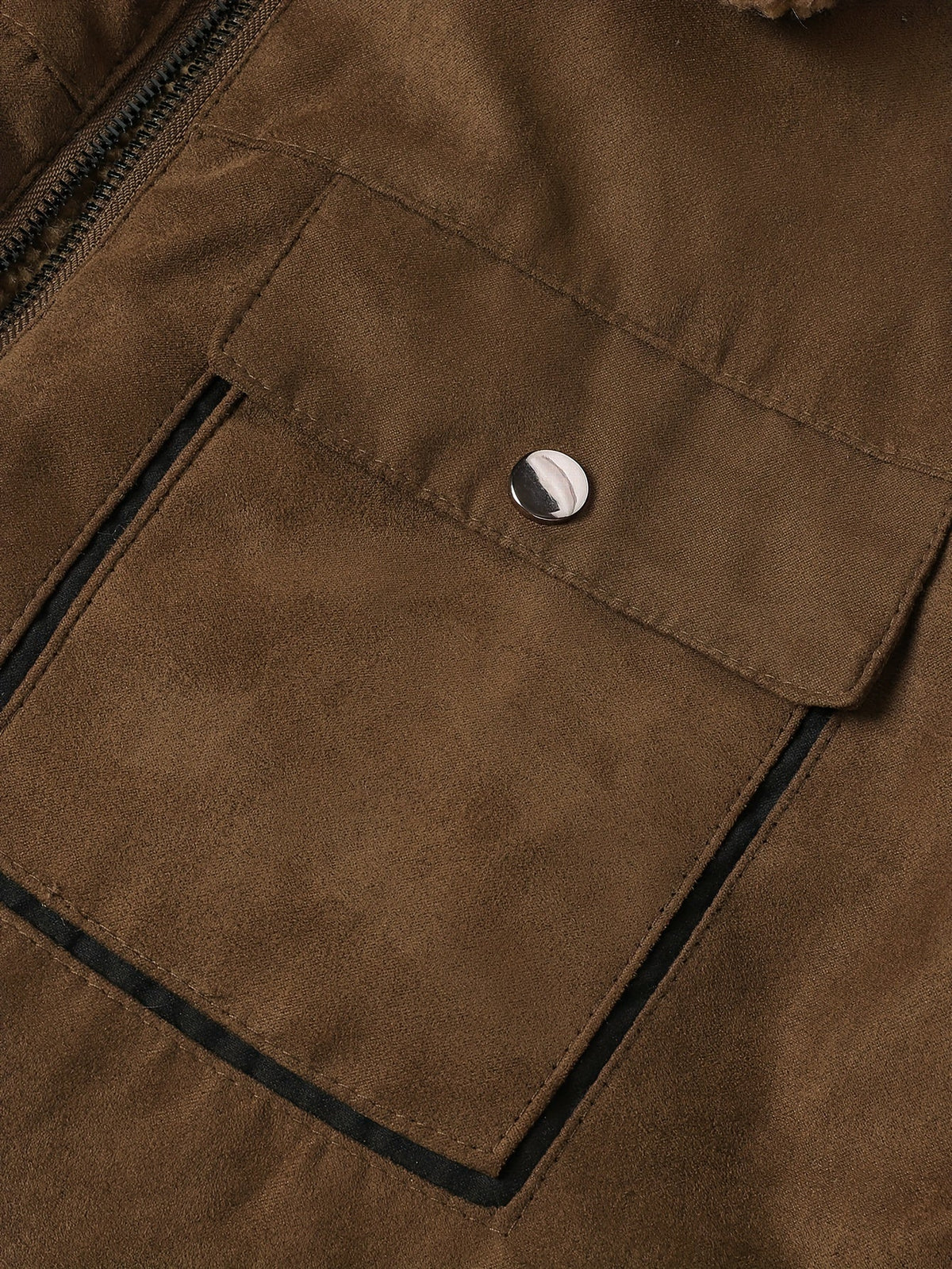 Men's coffee brown sherpa-lined faux suede trucker jacket, chest pocket detail