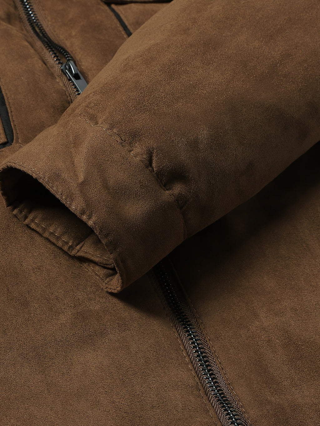 Men's coffee brown sherpa-lined faux suede trucker jacket, cuff and sleeve detail