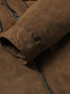 Men's coffee brown sherpa-lined faux suede trucker jacket, cuff and sleeve detail