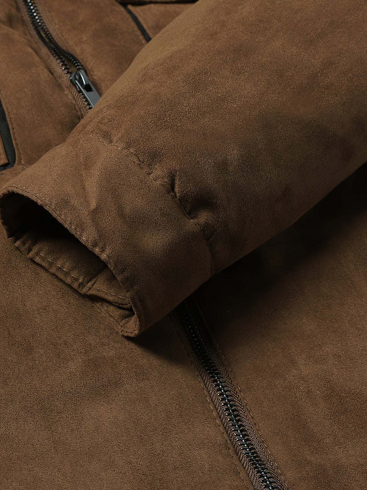 Men's coffee brown sherpa-lined faux suede trucker jacket, cuff and sleeve detail