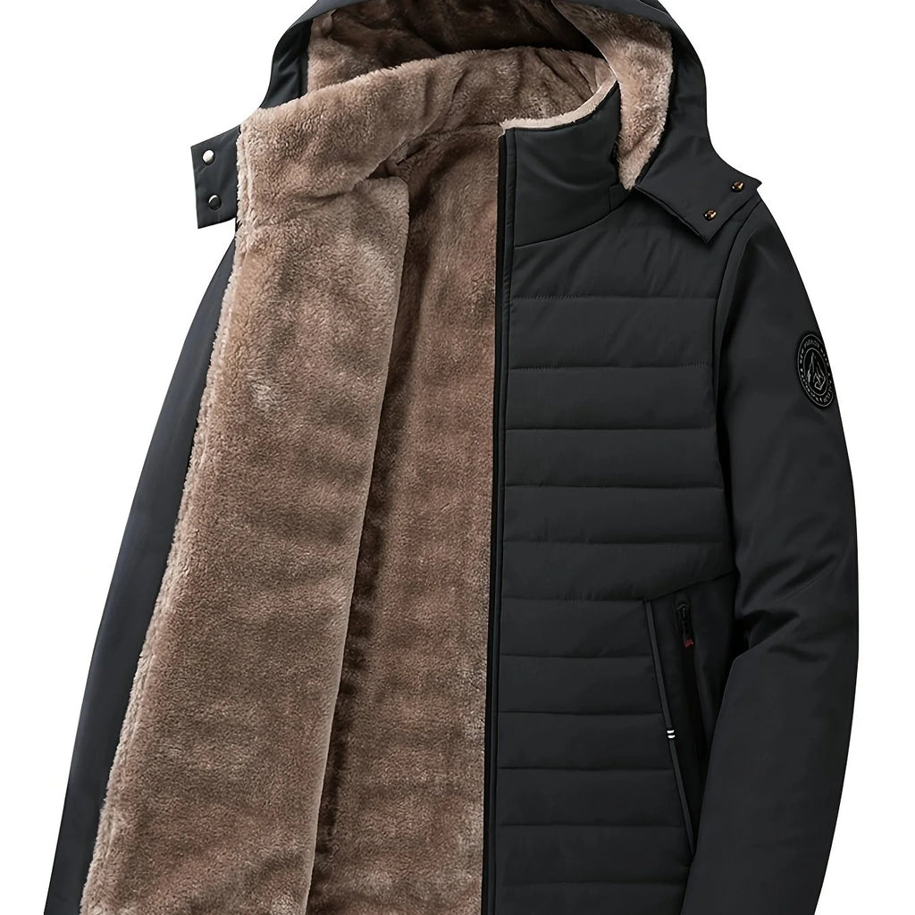 Men's black hooded winter coat, open showing sherpa lining