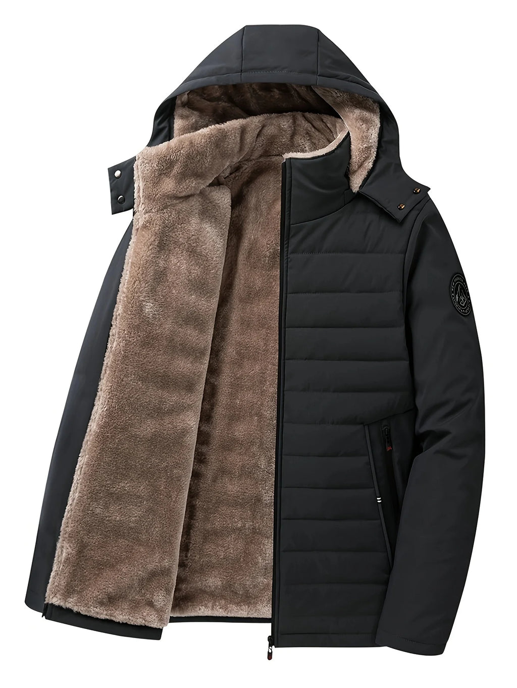 Men's black sherpa-lined hooded winter coat, laid flat open