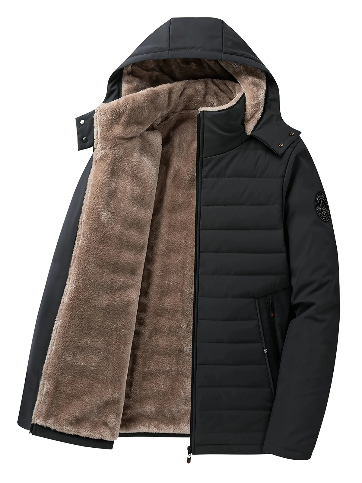 Men's black sherpa-lined hooded winter coat, laid flat open